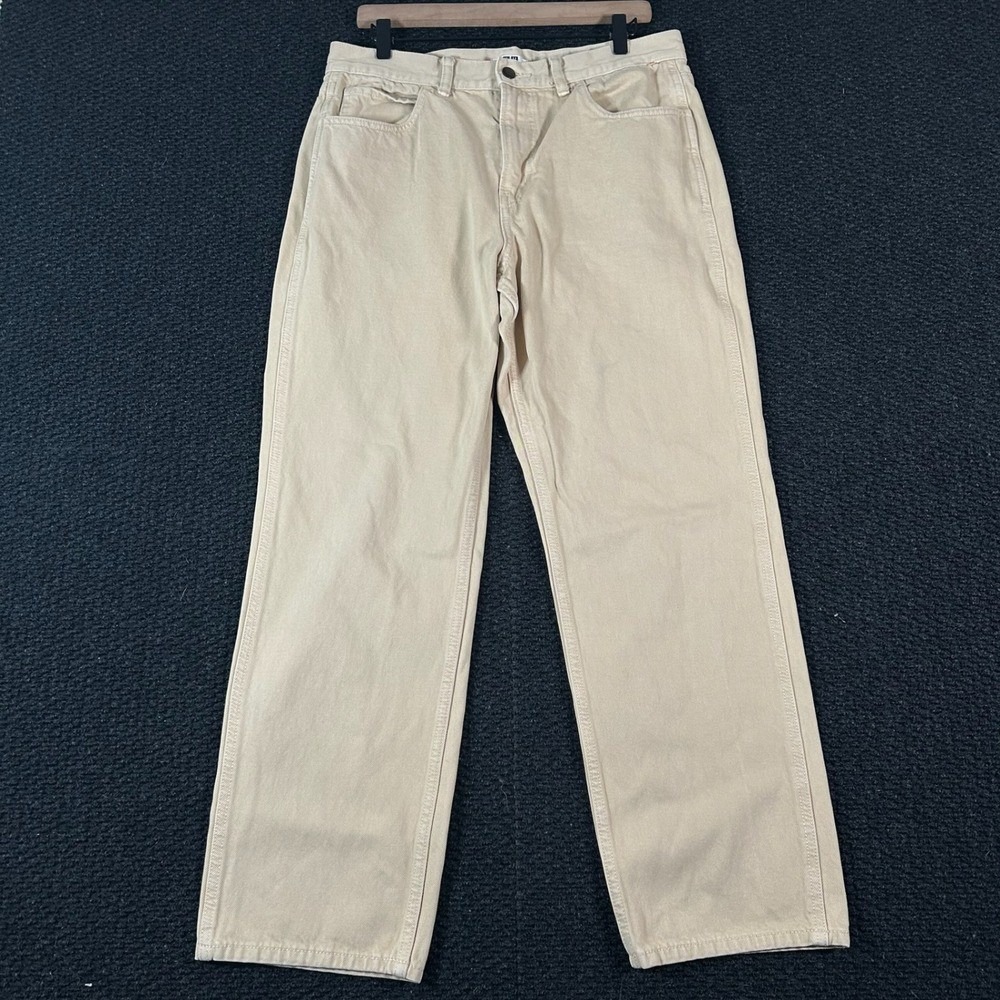Uniqlo U Womens Wide Fit Curved Barrel Jeans Tan‎ Beige Cotton Hemp Size 10 33in